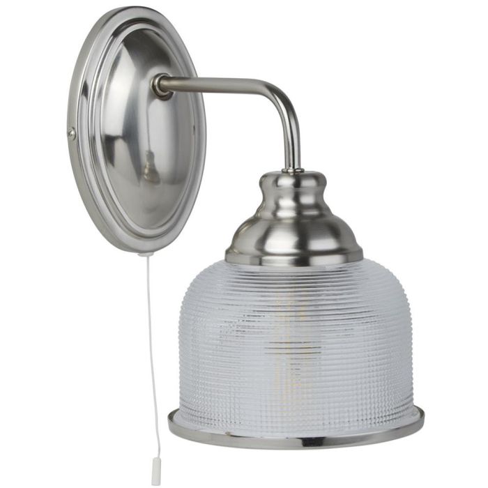 Searchlight Bistro 2671-1SS staal kleurige wandlamp met holofaan glas