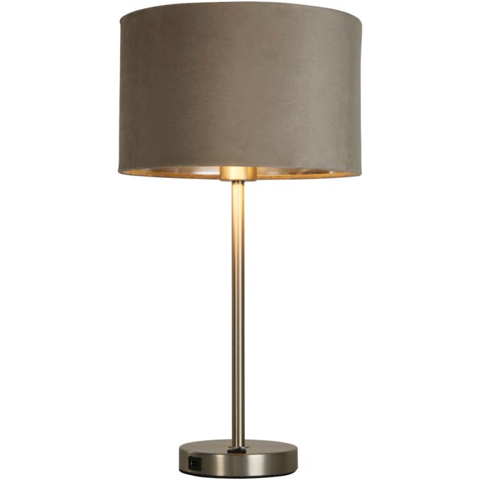 Searchlight Finn USB EU58911TA tafellamp met USB en taupe fluwelen kap