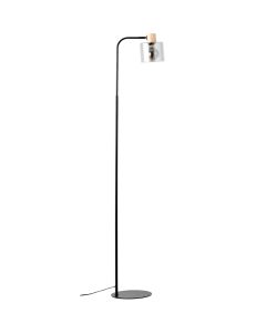 Brilliant Weald 94708/93 zwarte vloerlamp met hout en rookglas